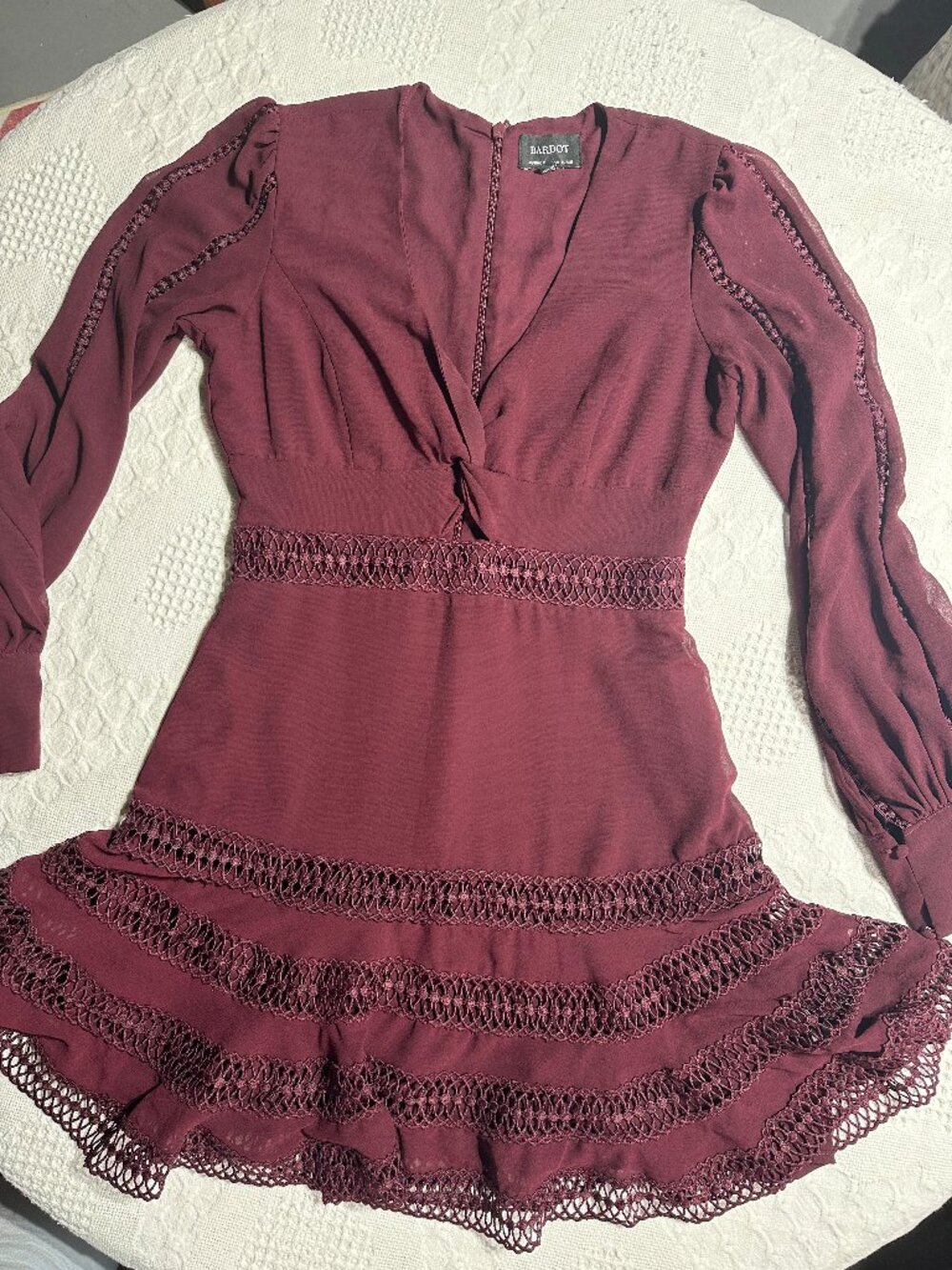 Bardot Burgundy Lace Trim Long Sleeve MiniDress Size US 6